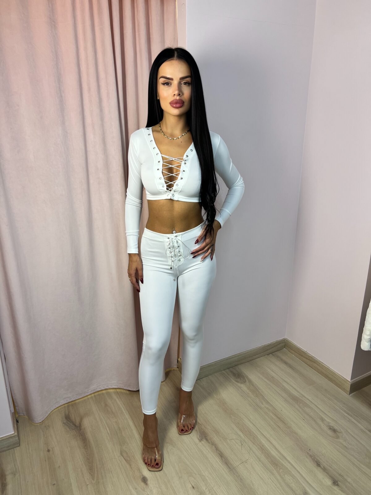 Σετ Crop Top και Κολάν με Δέσιμο — ΛΕΥΚΟ