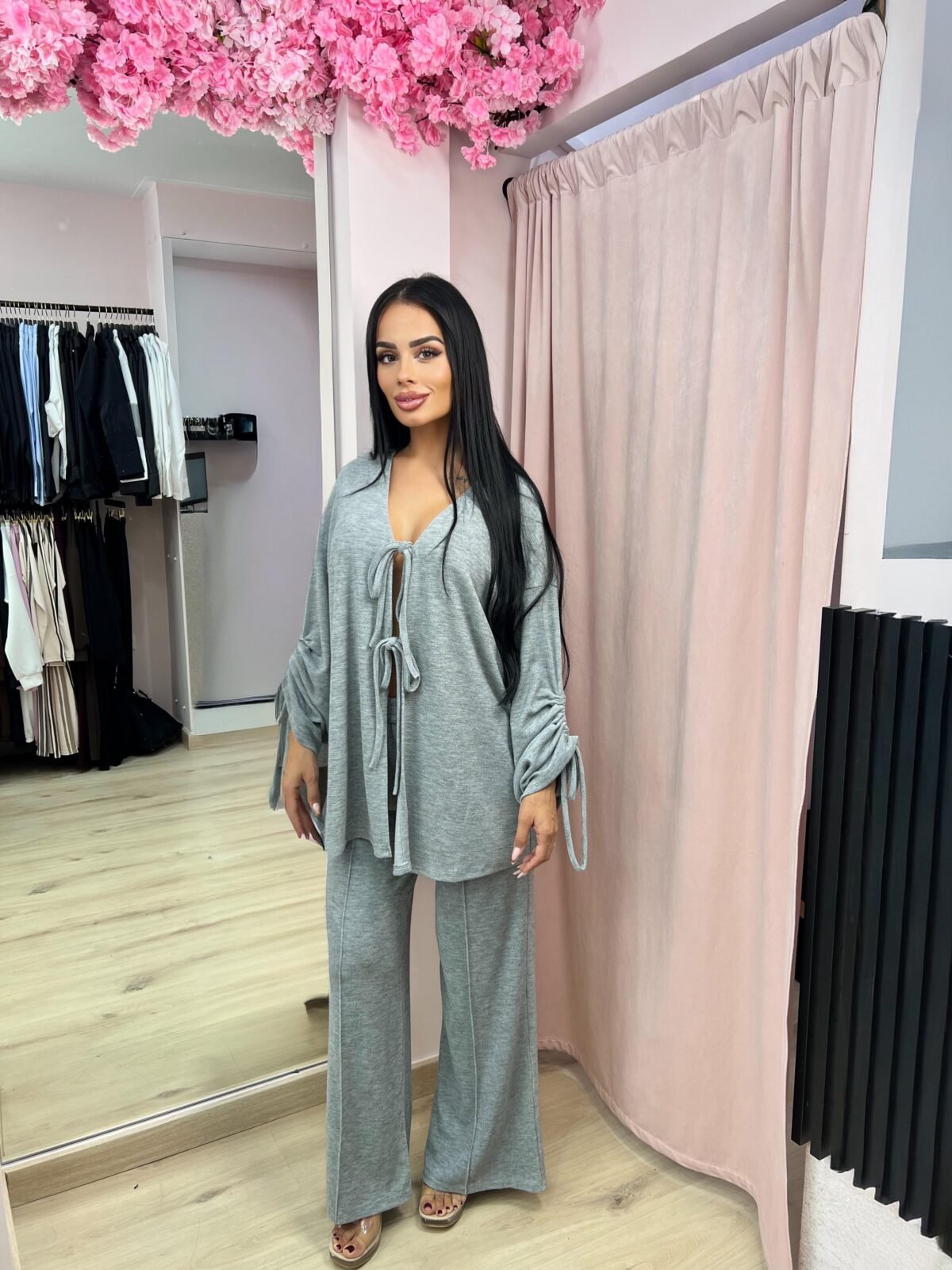 Σετ Παντελόνι με Ριχτή ζακέτα και δέσιμο στα μανίκια — ΓΚΡΙ